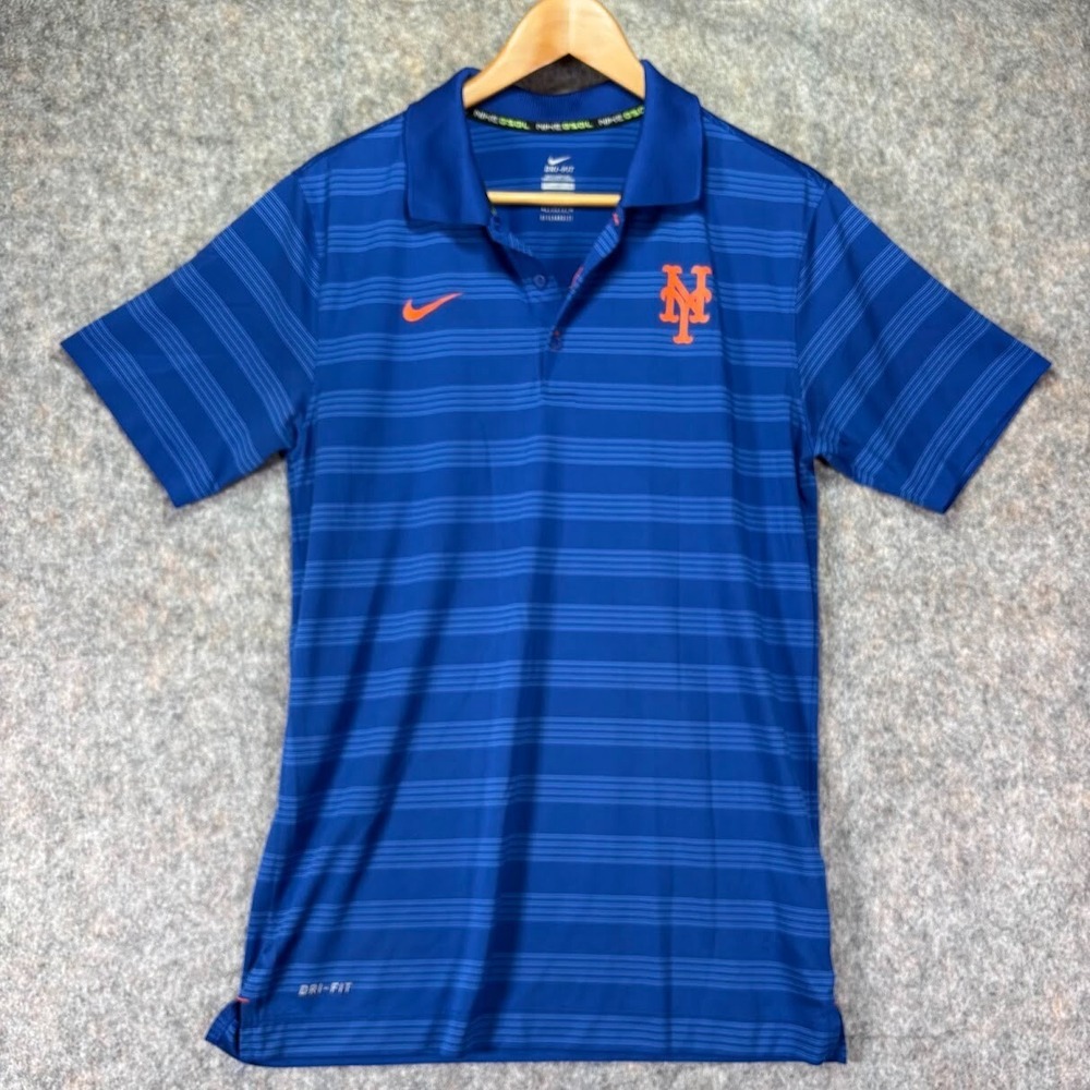 Nike New York Mets Polo Shirt Sz S Short Sleeve Dri-Fit Blue Stripe Stretch EUC